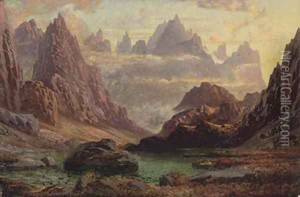 Sunset, Peaks of the Horungerne, Norway Oil Painting - Charles Petitt