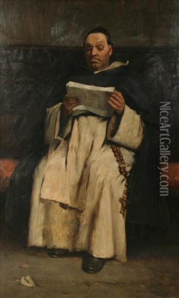 A Monk Reading Seated On A Panelled Bench Oil Painting - Frederick Williams Davis