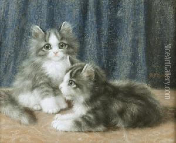 Zwei Kleine Getigerte Katzchen. Oil Painting - Burkhard Katzen-Flury