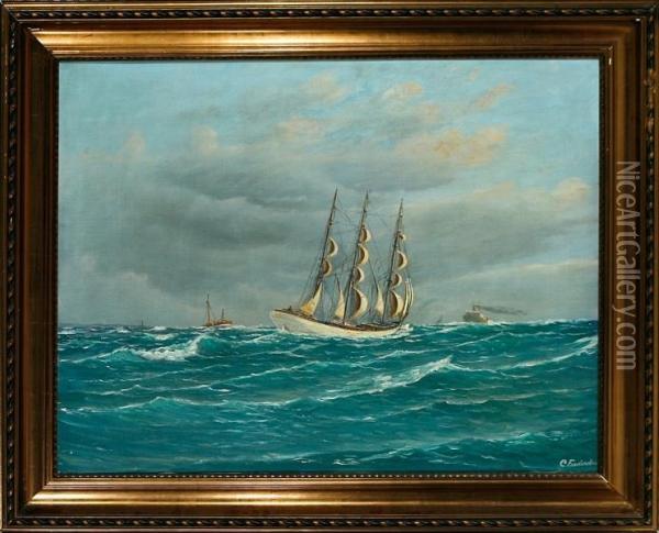 Marine With Several Ships On Open Sea Oil Painting - Carl Frederiksen