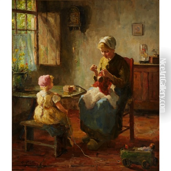 Mother And Child Knitting Oil Painting - Evert Pieters