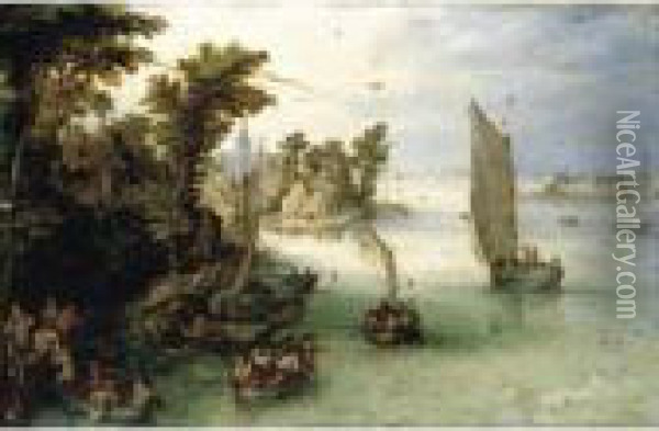 A River Scene With Boats Unloading At A Quay, And A Village Beyond Oil Painting - Jan The Elder Brueghel