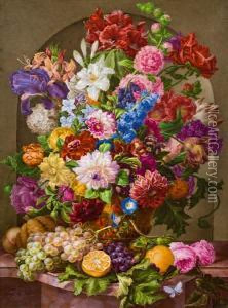 Prachtiges Blumen- Und Fruchtestillleben Oil Painting - Joseph Nigg