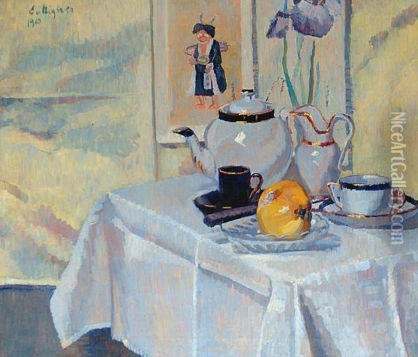 Still Life On A Table With Iris Beyond Oil Painting - Eugeen Van Mieghem