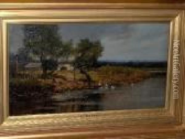 A River Landscape With Ducks Oil Painting - Edwin Ellis