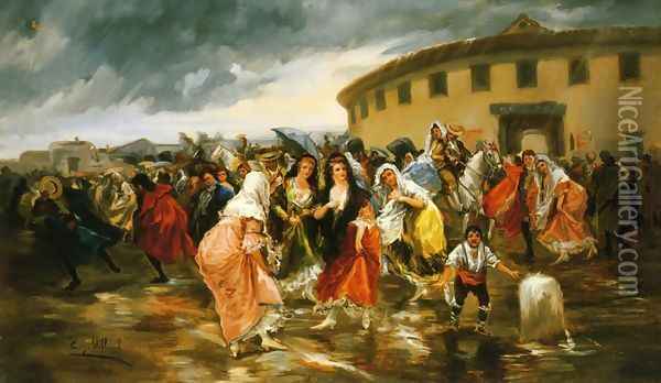 Leaving the Bull Ring in the Rain Oil Painting - Eugenio Lucas Villamil