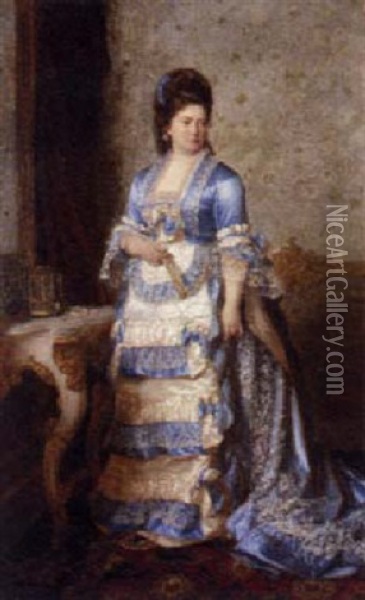 Portrait Of A Lady Wearing A Turquoise And White Ball Dress Oil Painting - Ludwig Graf