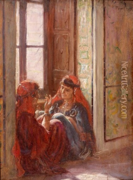 Causerie Dans Un Palais De La Medina De Tunis Oil Painting - Albert Aublet