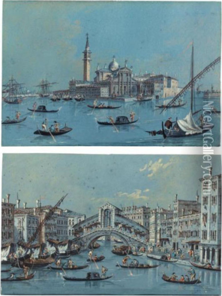 A Pair Of Venetian Views: The Rialto And San Giorgio Maggiore Oil Painting - Giacomo Guardi