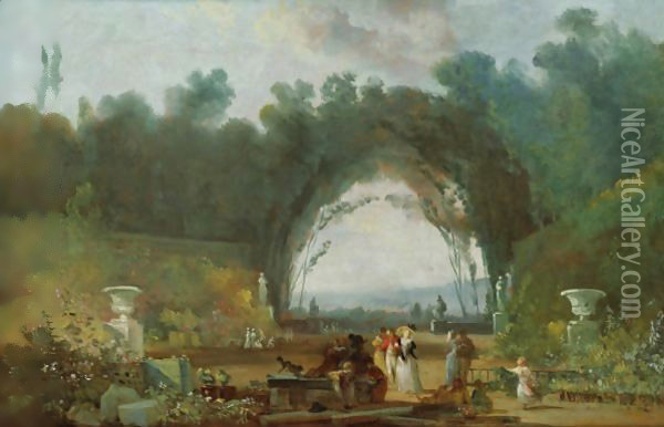 View Of A Terrace, Probably In Saint-Cloud Oil Painting - Louis-Gabriel Moreau the Elder