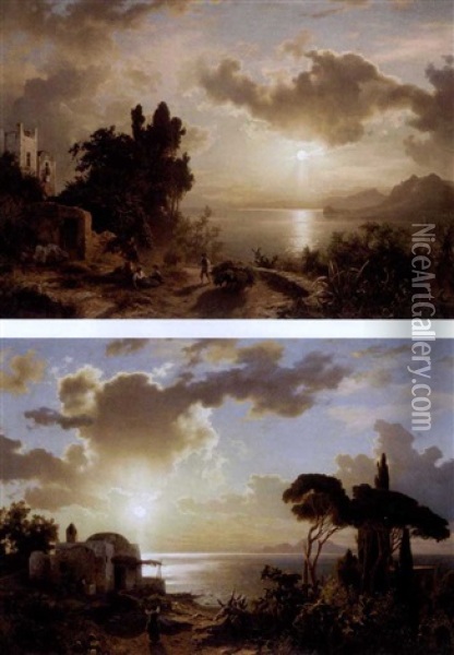 Italian Coastal Scene At Sunset (+ Another; Pair) Oil Painting - August Wilhelm Leu