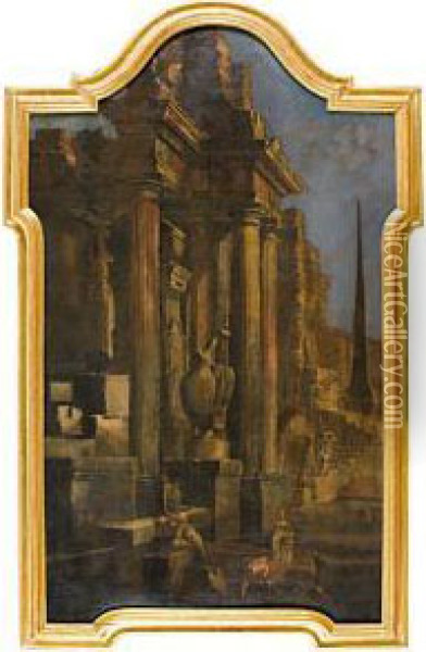 Capriccio Architettonico Con Obelisco E Figure Oil Painting - Pietro Paltronieri Il Mirandolese