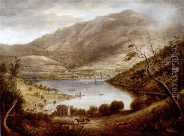 A View Of Mt. Wellington And Hobart Town Looking Across The Derwent From Kangaroo Bay Oil Painting - Benjamin Duterrau