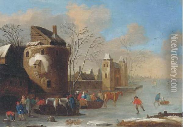 A Winter Landscape With Figures On A Frozen Lake, A Walled Townbeyond Oil Painting - Thomas Heeremans