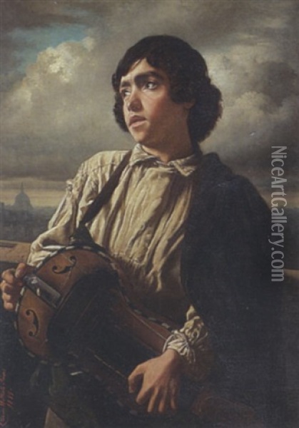 Musizierender Savojarde, Im Hintergrund Stadtansicht Oil Painting - Caesar Willich