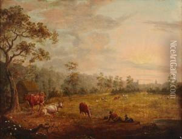 Cattle Grazing In A Field With A Figure Resting In The Foreground Oil Painting - Charles Towne