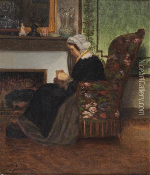 Portrait D'une Dame Cousant Pres De La Cheminee Oil Painting - James Jacques Joseph Tissot