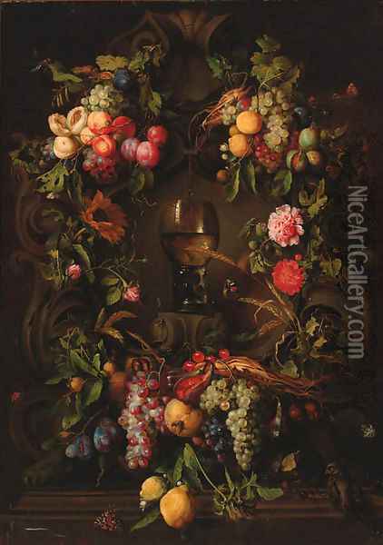 Swags of grapes, peaches, plums and lemons decorating a niche with a roemer, with a sparrow, butterflies, fly, beetles and a dragonfly Oil Painting - Jan Davidsz. De Heem