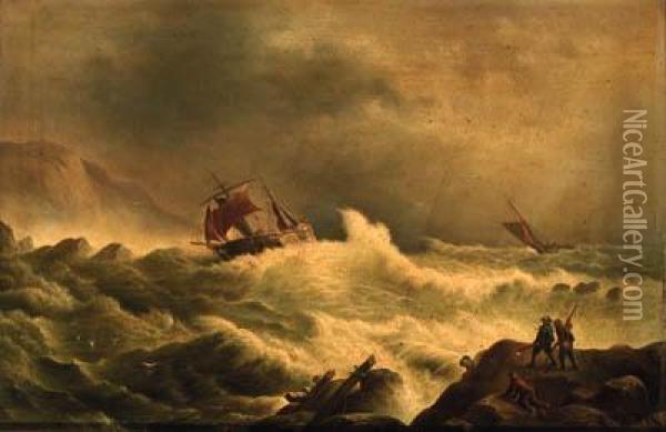 Shipping In A Storm Off A Coast; And Shipwrecked Oil Painting - Peter Mathys Gillemans