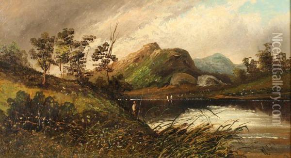 Landscape With Figure Fishing By A Stream Oil Painting - W Hall