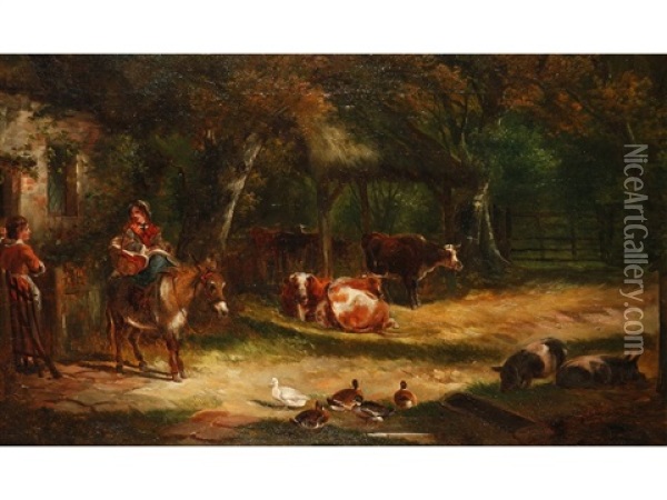 A Farmyard Scene With Livestock And Figures Beside A Cottage Oil Painting - Charles Shayer