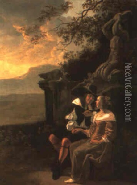 A Romantic Couple Seated In A Landscape Oil Painting - Ludolf de Jongh