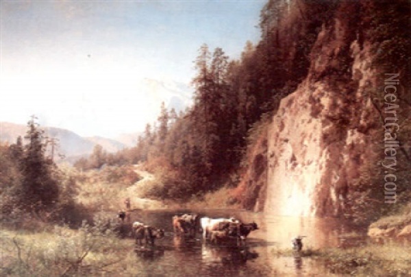 Shepherd With Herd Watering In An Alpine Stream Oil Painting - Hermann Herzog