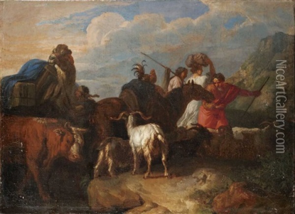 Biblischer(?) Zug Von Wanderern Mit Rindern, Ziegen, Schafen, Einem Pferd Und Einem Kamel Oil Painting - Johann Heinrich Roos