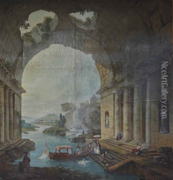 Arcades En Ruines Avec Promeneurs En Barque Oil Painting - Hubert Robert