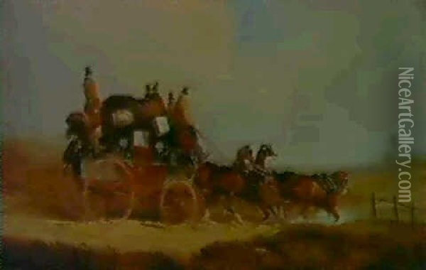 The Louth To London Mail Coach;                             The Royal Mail Changing Teams Oil Painting - Charles Cooper Henderson