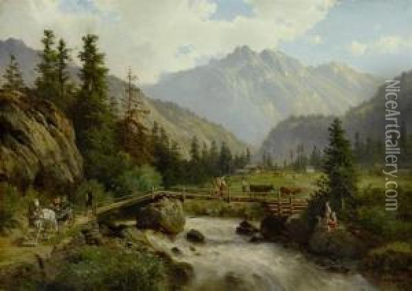 Idyllic Mountain Landscape With Travellers Oil Painting - Georg Engelhardt