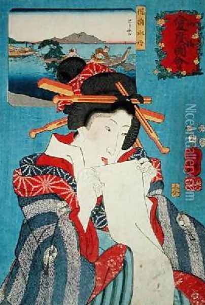 A Jelly fish of Bizen and a woman preparing to write a letter Oil Painting - Utagawa Kuniyoshi