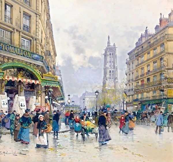 Vue De La Rue De Rivoli Avec La Tour St Jacques, Paris Oil Painting - Eugene Galien-Laloue