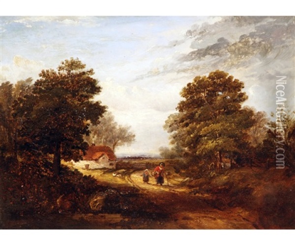 Figures In A Wooded Lane With Cottage In Distance Oil Painting - George Vincent