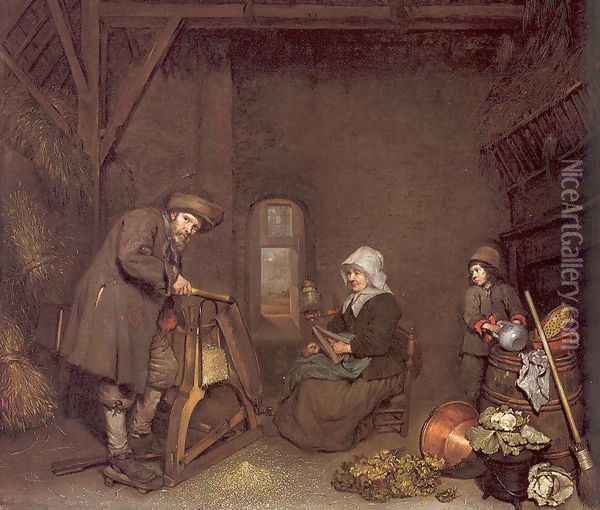 Chaff Cutter with a Woman Spinning and a Young Boy 1662-64 Oil Painting - Caspar Netscher
