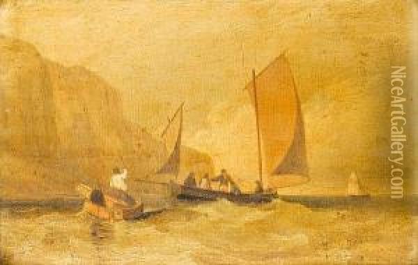 A Lugger With Passengers Inshore Belowcliffs Oil Painting - Alfred Priest