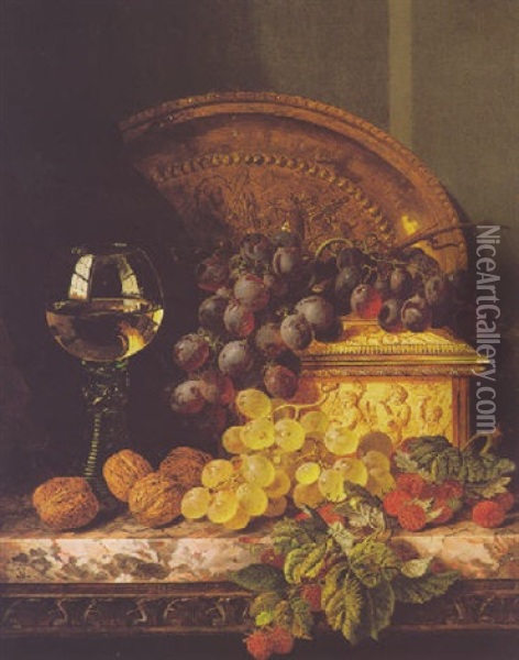 Still Life With Grapes, Walnuts And A Wine Glass On A Marble Ledge Oil Painting - Edward Ladell
