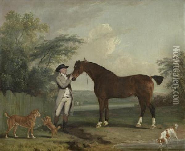 Portrait Of A Gentleman, Full-length, In Agrey Coat, With His Hunter, Before An Open Landscape Oil Painting - Thomas Gooch