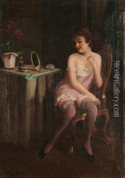 A Scantily Clad Lady At Her Dressing Table Oil Painting - Emil Pap