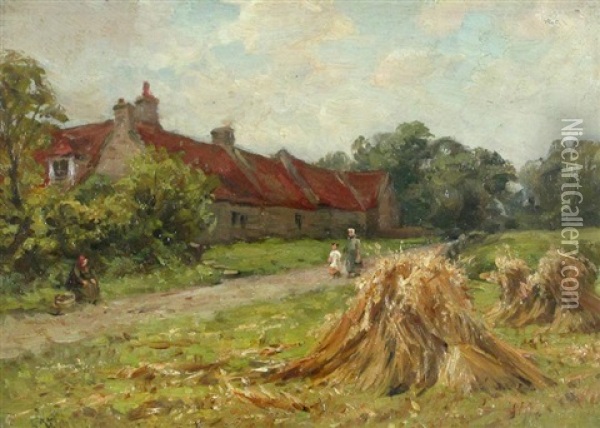 Figures On A Country Lane, Harvest Time Oil Painting - Hector Chalmers