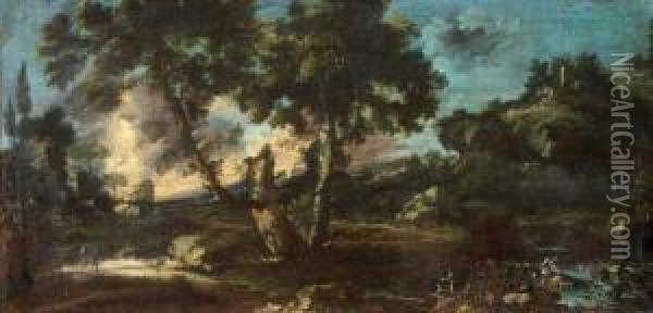 Paesaggio Fluviale Con Figure Oil Painting - Giuseppe Zola