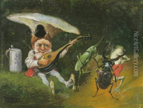 Ein Zwerg, Der Mandoline Spielt, Hirschkafer, Heuschrecke Und Frosch Tanzen Zu Seiner Musik Oil Painting - Alfred Schoenian