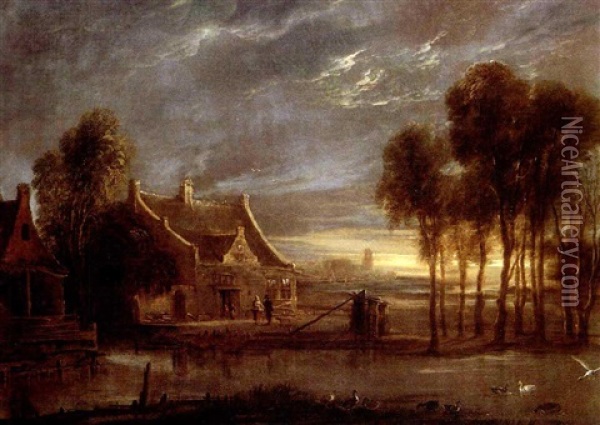 An Extensive River Landscape At Evening, With Two Figures   Conversing Near A House Oil Painting - Aert van der Neer