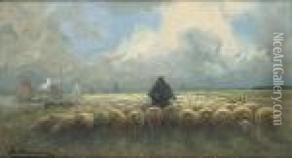 Berger Avec Ses Moutons Oil Painting - Maurice Hagemans