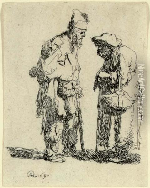 Beggar Man And Beggar Woman Conversing Oil Painting - Rembrandt Van Rijn