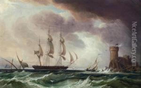 An English Frigate Arriving Off A Fortified Mediterraneanport Oil Painting - John Christian Schetky