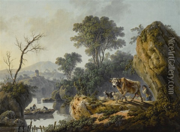 A River Landscape With A Shepherd, A Bull, Goat And Sheep In The Foreground, Fishermen In A Boat Beyond Oil Painting - Jean Baptiste Pillement