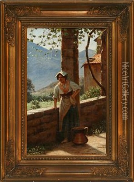 An Italian Woman In A Pergola Oil Painting - Niels Frederik Schiottz-Jensen
