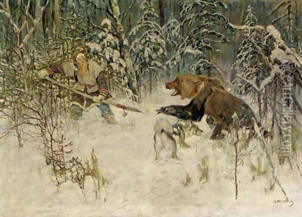 Bear Hunt Oil Painting - Konstantin Semenovich Vysotskii