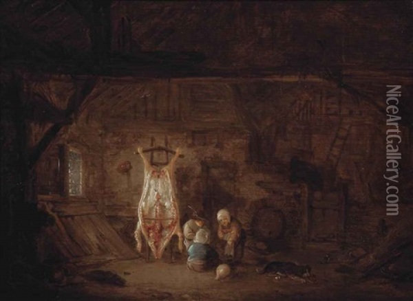 A Barn Interior With Three Children And Their Dog Playing With A Pig's Bladder Oil Painting - Isaac Van Ostade